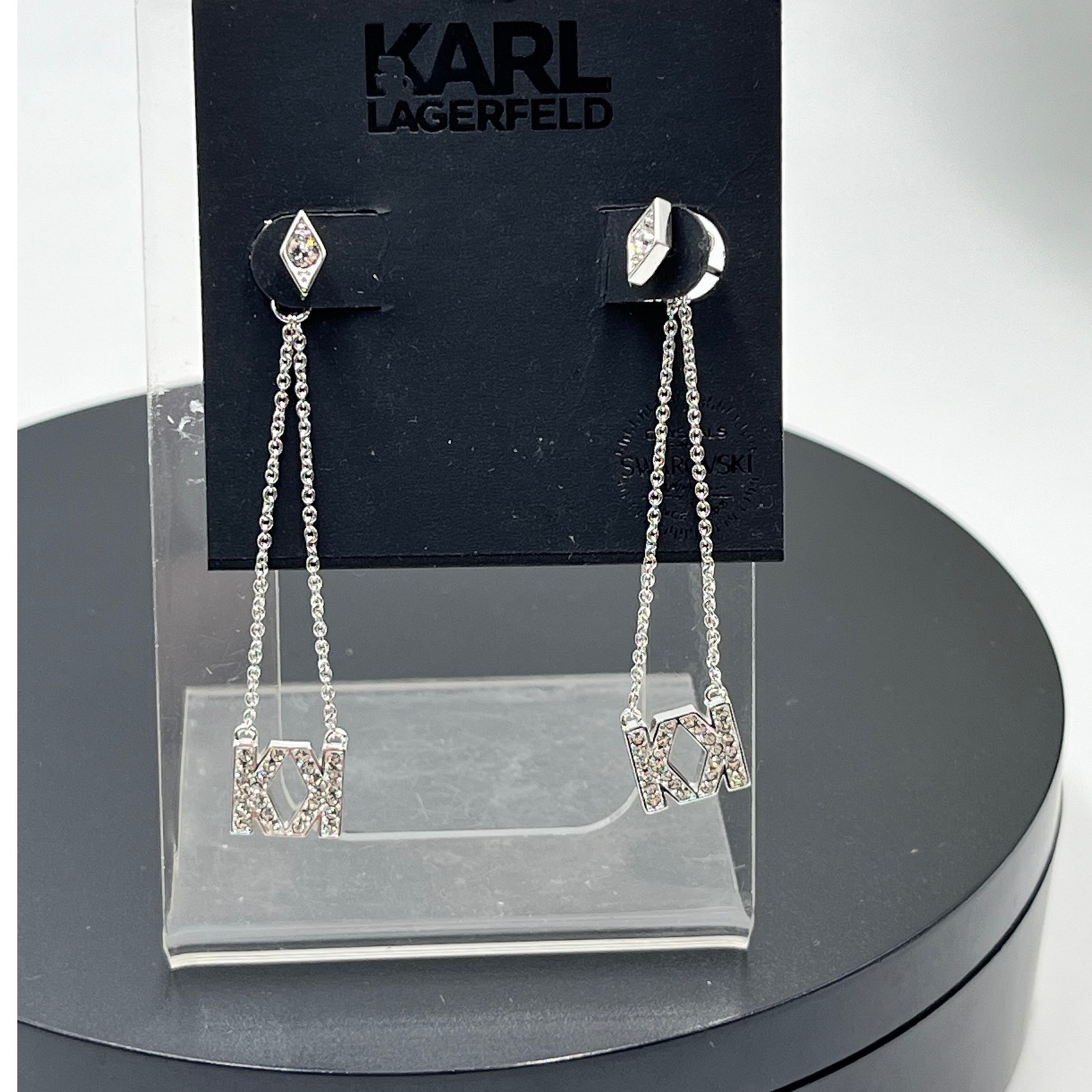 Karl Lagerfeld Kaia Pave Swarovski Crystal Double Kl Chain Drop Earrings Nwt